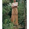 Summer New Product Women's Clothes Simple Lace Trim Linen Blended Mid Waist A- line Hem Midi Dress 4786111
