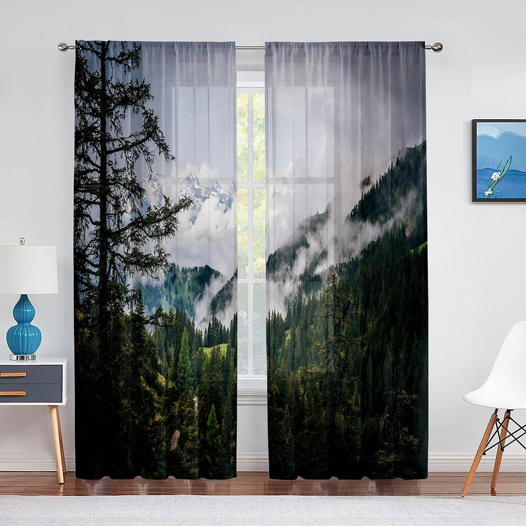 Туманный лес, прозрачная вуаль, туманная живописная зеленая природа, пейзаж, окно, тюлевые шторы для спальни, гостиной, кухни, декор
