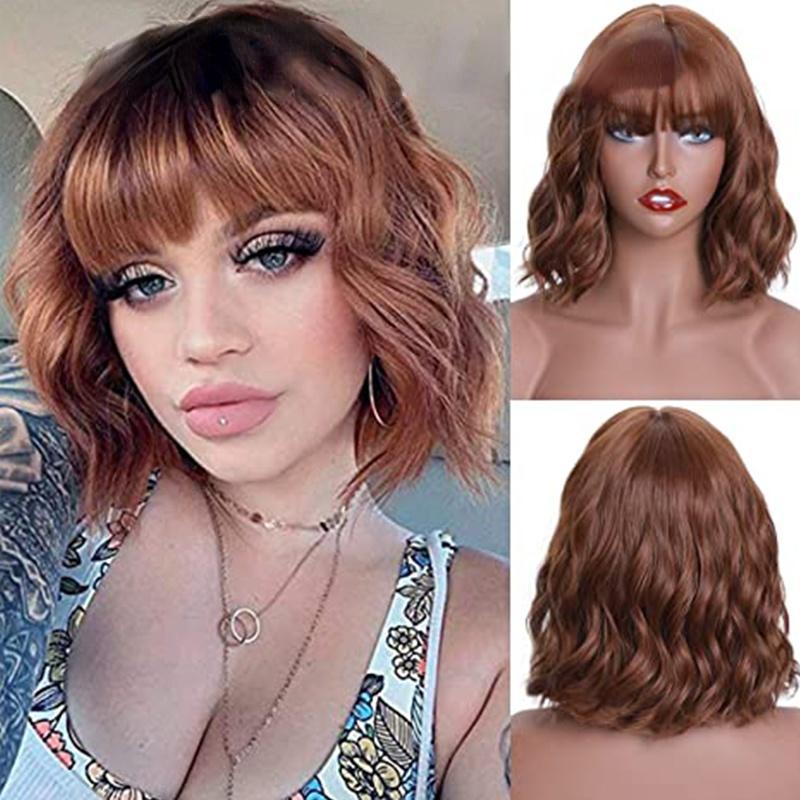 MISS WIG Короткие волнистые парики Боб для женщин Светло-каштановый парик с челкой Натуральные волнистые синтетические термостойкие волокна Парики для косплея на Хэллоуин
