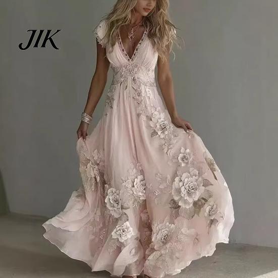 A-line Silhouette Dress Summer Floral Maxi for Women Short Sleeve V Elegant Printed Neck Swing Beach Vacation Sundress Lightweight