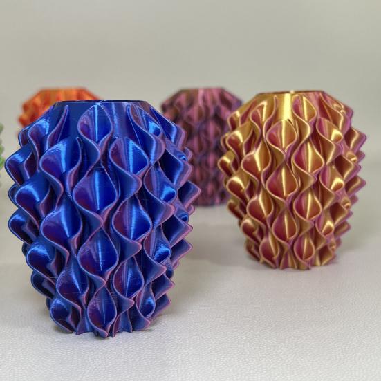 3D Printed Red Gold Flower Vase Sculptural Wave Geometric Textured Decorative