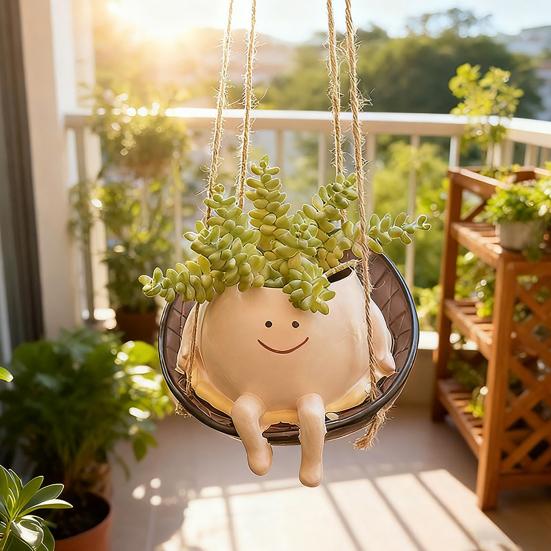 Hanging Swing Chair Planter Pot Cute Smile Face Flower Pot for Indoor Outdoor Plants Resin Head Plant Pots