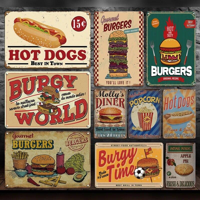 Hot Dogs Burgers Pizza Metal Signs Vintage Posters Kitchen Wall Decoration Tin Sign Bar Home Decor Metal Plaques Art Painting