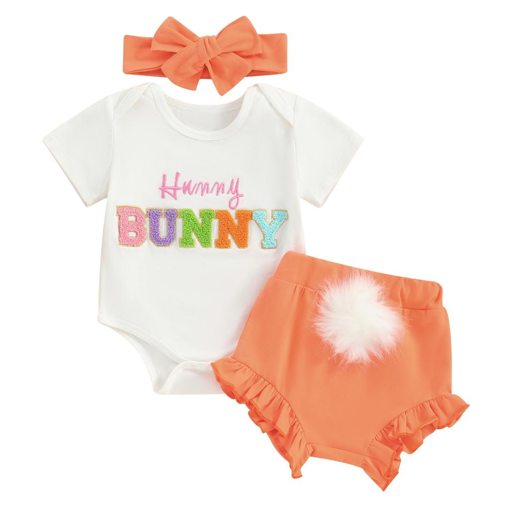 Baby Girls Easter Shorts Sets Short Sleeve Letter Embroidery Romper Tops Ruffle PP Shorts Headband Sets