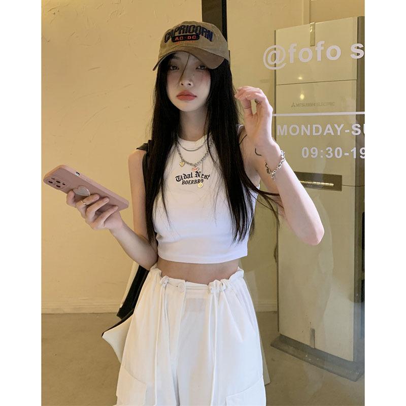 Women's Tank Top Ribbed Knitted Embroidery Letter Vest Female Summer Clothing Crop Top White Black Casual Short Tight Sport Tops