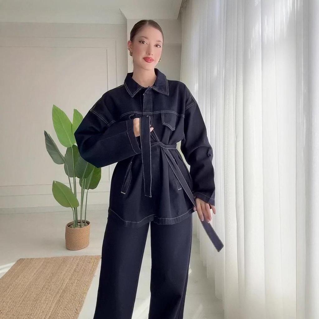 Женский осенний комбинезон кэжуал из искусственного денима с длинными рукавами, воротником поло и приталенным поясом