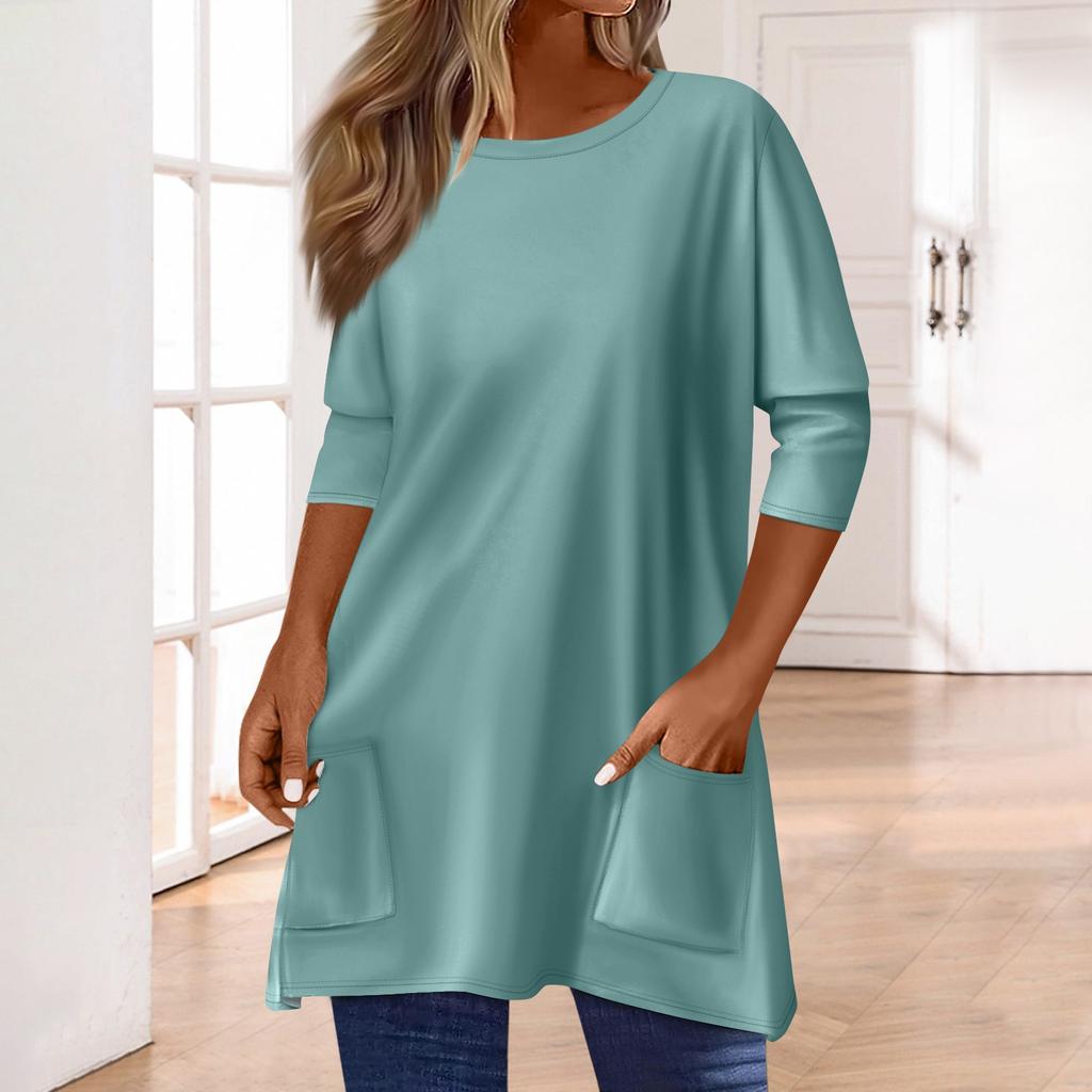 3/4 Sleeve Pocket Tops For Women T-Shirt Casual Print Mid-length Tops T Shirt Round Neck Pullover Blouse