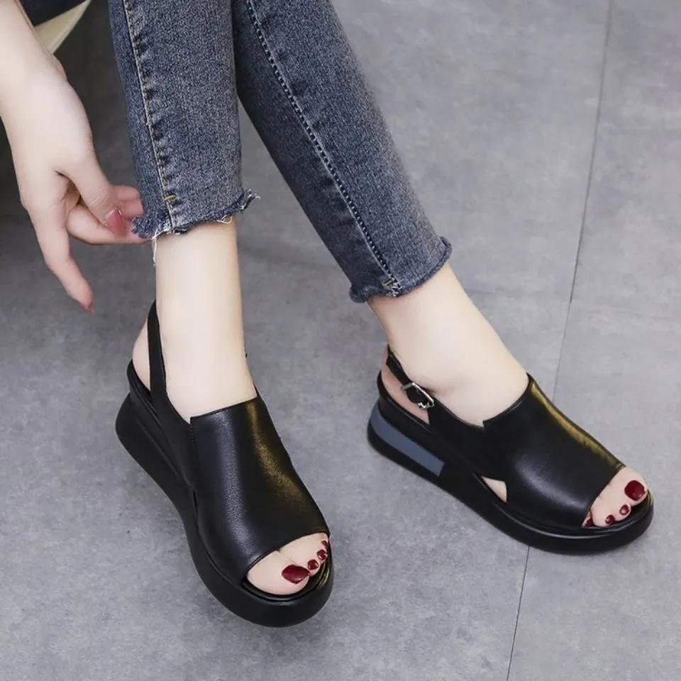 WTEMPO Summer Wedge Shoes for Women Sandals Solid Color Open Toe High Heels Casual Ladies Buckle Strap Fashion Female Sandals