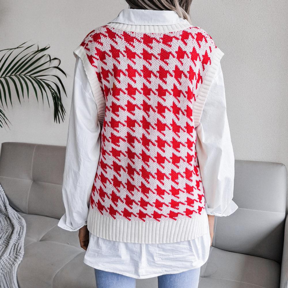 Women's Autumn and Winter V-neck Chibi Check Casual Loose Knitted Sweater Vest