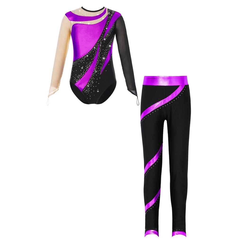 Girls Sparkle Rhinestone Performance Set Cutout Back Long Sleeve Leotard Elastic Waist Pants Dance Outfit