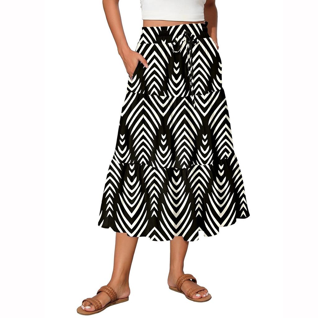 Women's Flowy Flared Ruffle Hem A Line Maxi Skirts Elastic Waist Elegant Tiered Layer Boho Long Skirts