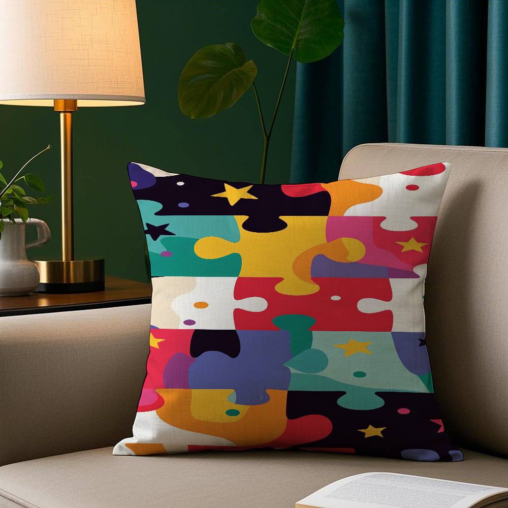 Cute Jigsaw Puzzle Pillow Case Plush Fabric Soft Pillowcase Double Sided Print Sofa Cushion Cover Throw