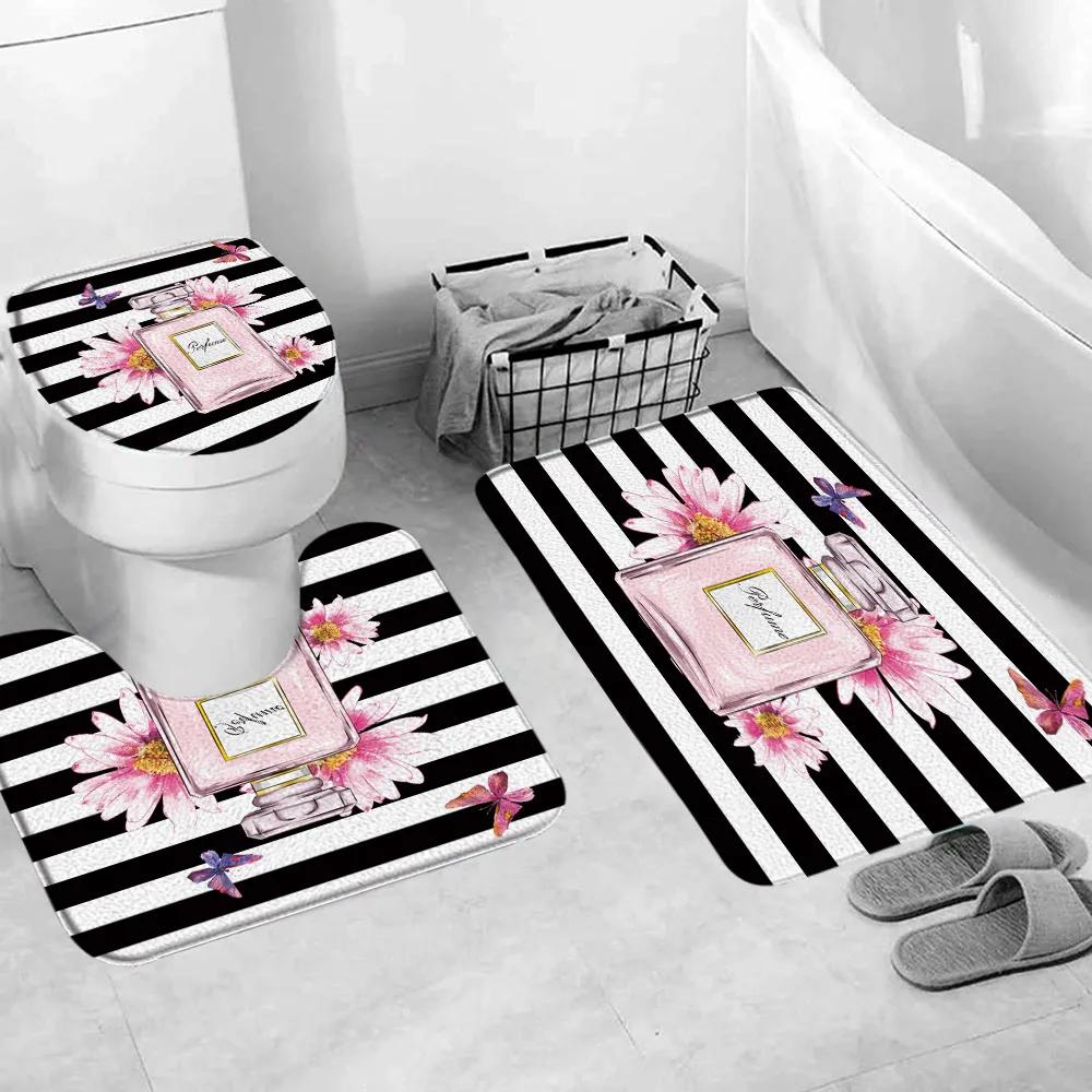 Valentine's Day Shower Curtain, Rose High Heels Lipstick Perfume Bottle Black and White Striped Romantic Bath Mat Bathroom Decor
