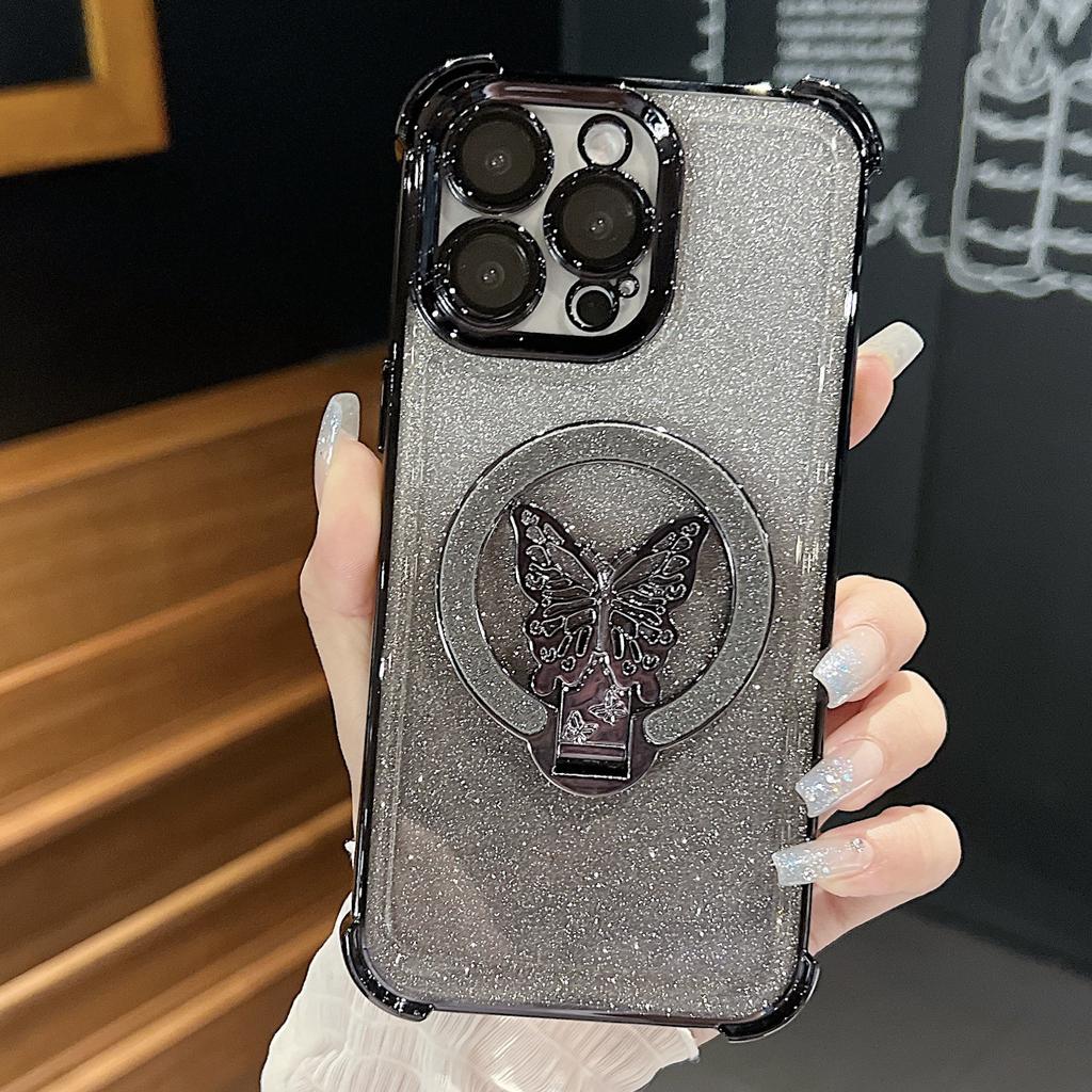 Четырехугольная противоударная подушка безопасности подходит для чехла для телефона IPhone 16PROMAX и чехла-подставки с градиентными блестками и бабочкой для IPhone 15