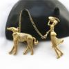 Alloy Gold Plated Antique Woman And Dog Suit Brooch Matte Gold Woman
