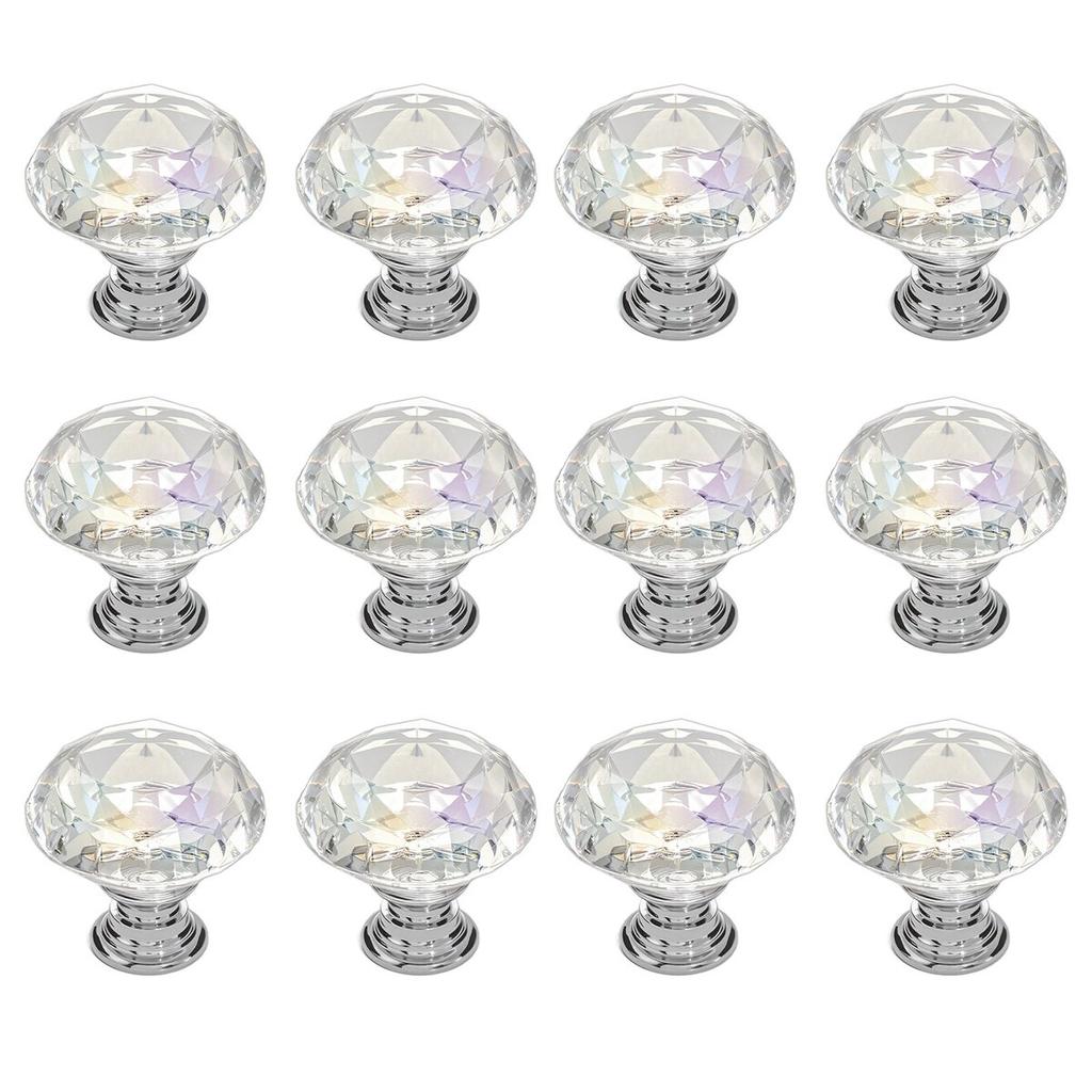 Cabinet Knobs, 12 Pack, 31 mm Acrylic & Zinc Alloy Drawer Pulls Door Handles, Diamond Kitchen Solid Knobs Dresser Handles, Cupboard Hardware with