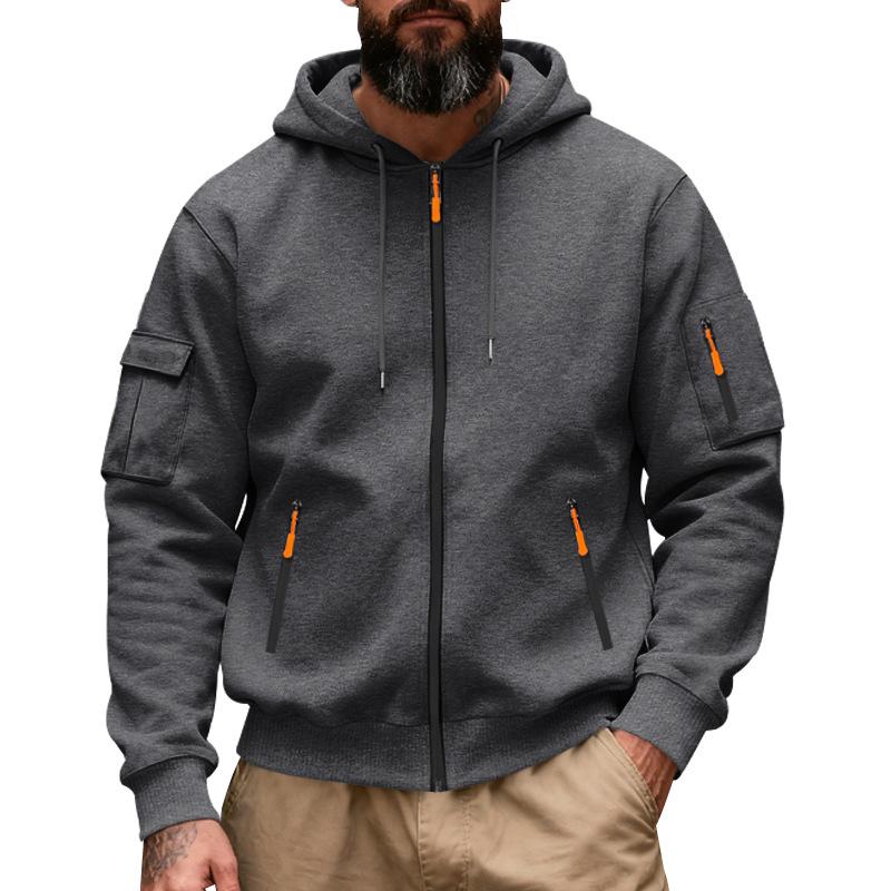 Men’s Autumn/Winter Workwear Multi-Pocket Sweatshirt: Casual, Sporty, Zip-Up, Long-Sleeved, Hooded Cardigan