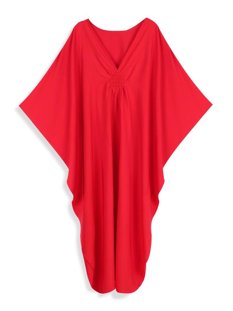 EDOLYNSA Red Women's Kaftan Long Dress Robe Holiday Cover Up Bat Sleeves Beach Dress Lounge wear Q1306