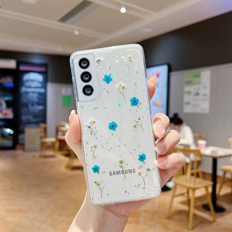 Для Samsung S25ultra Чехол для телефона с цветами S24Plus Блестящий розовый с пайетками A16 Прозрачный A35 Натуральный цветок Нишевый