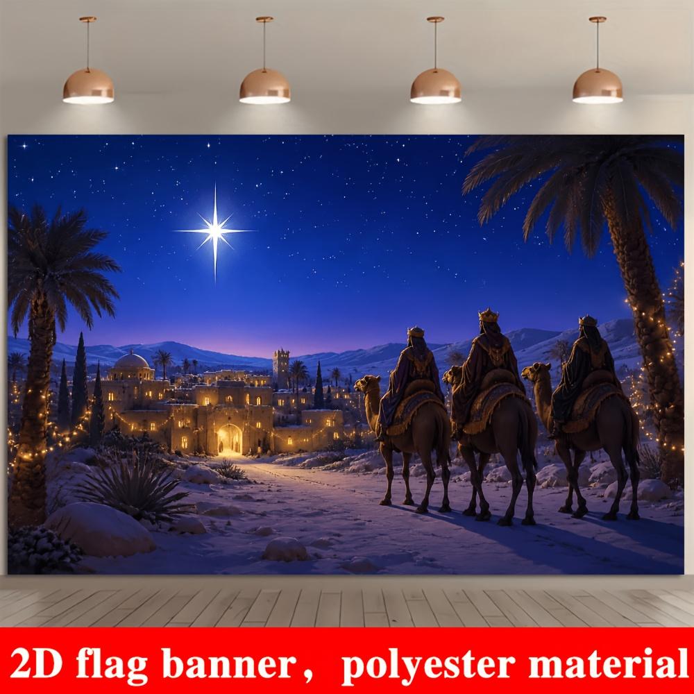 2D Flat Banner, Christmas Holy Theme Backdrop, Starry Bethlehem Star, Snow-Covered Town, Palm Trees, Polyester