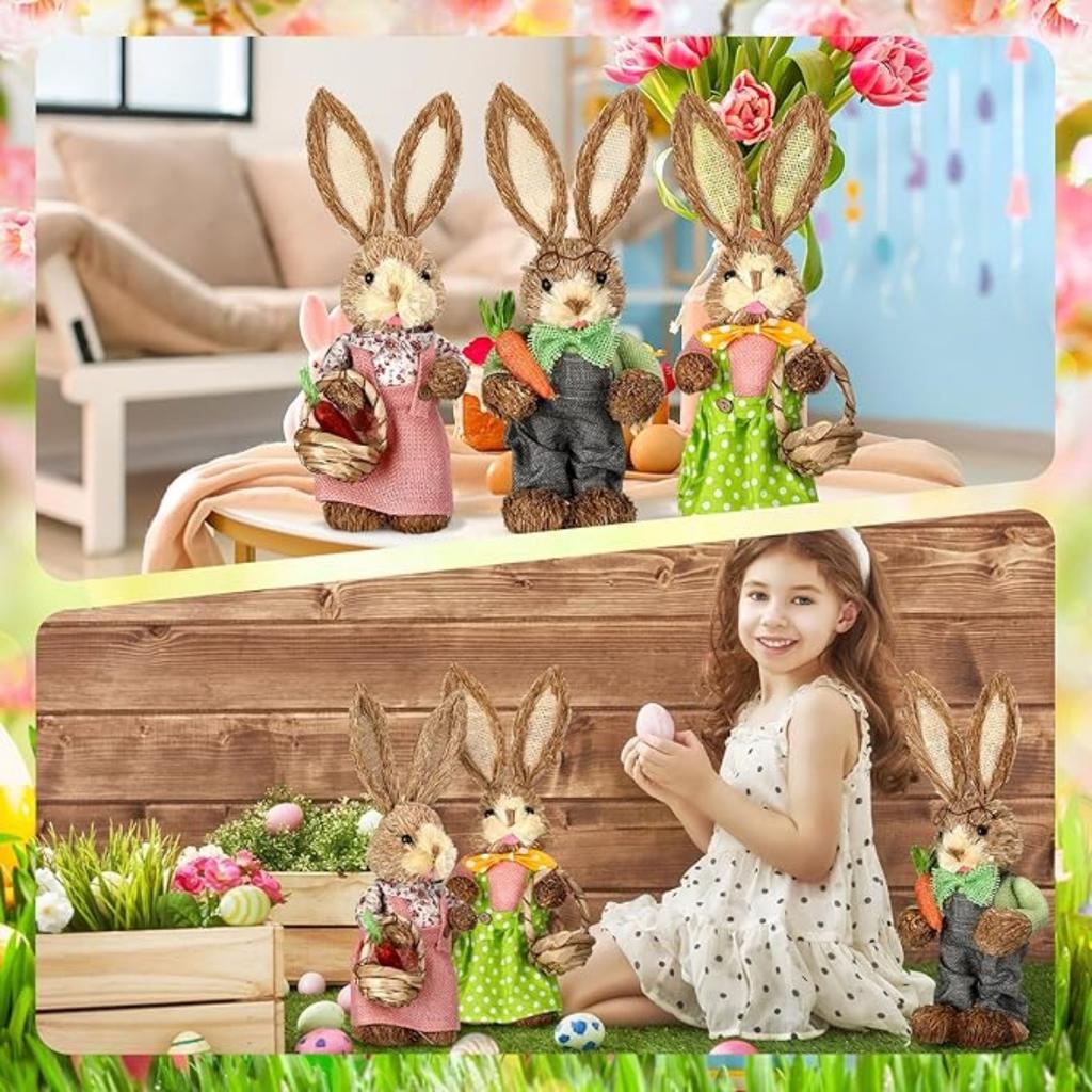 Набор из 2 пасхальных украшений: фигурка соломенного кролика, настольный декор, статуэтка пары кроликов с морковными яйцами, весенний декор, центральный элемент для домашнего стола, фермерского дома