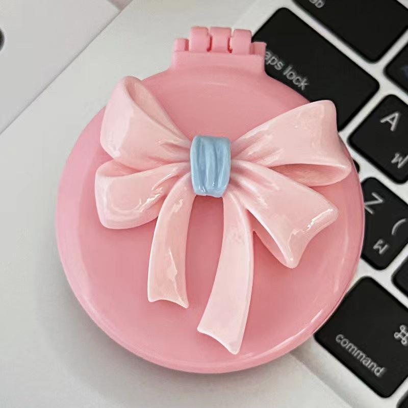 Розовая круглая складная расческа с зеркалом, портативная, с украшением в виде банта, антистатическая, карманная расческа для волос, мультяшная, принцессный стиль, расческа с ручкой для девочки