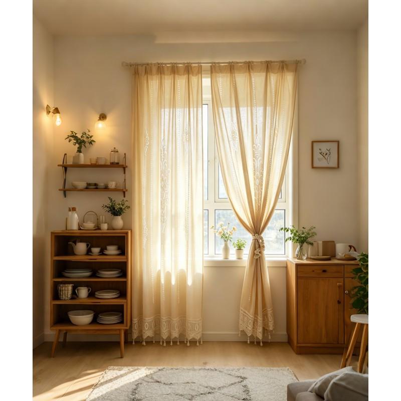 Cotton Linen Sheer Cutout Curtain Balcony Living Room Bedroom High Light Blocking No Drill Installation Ready