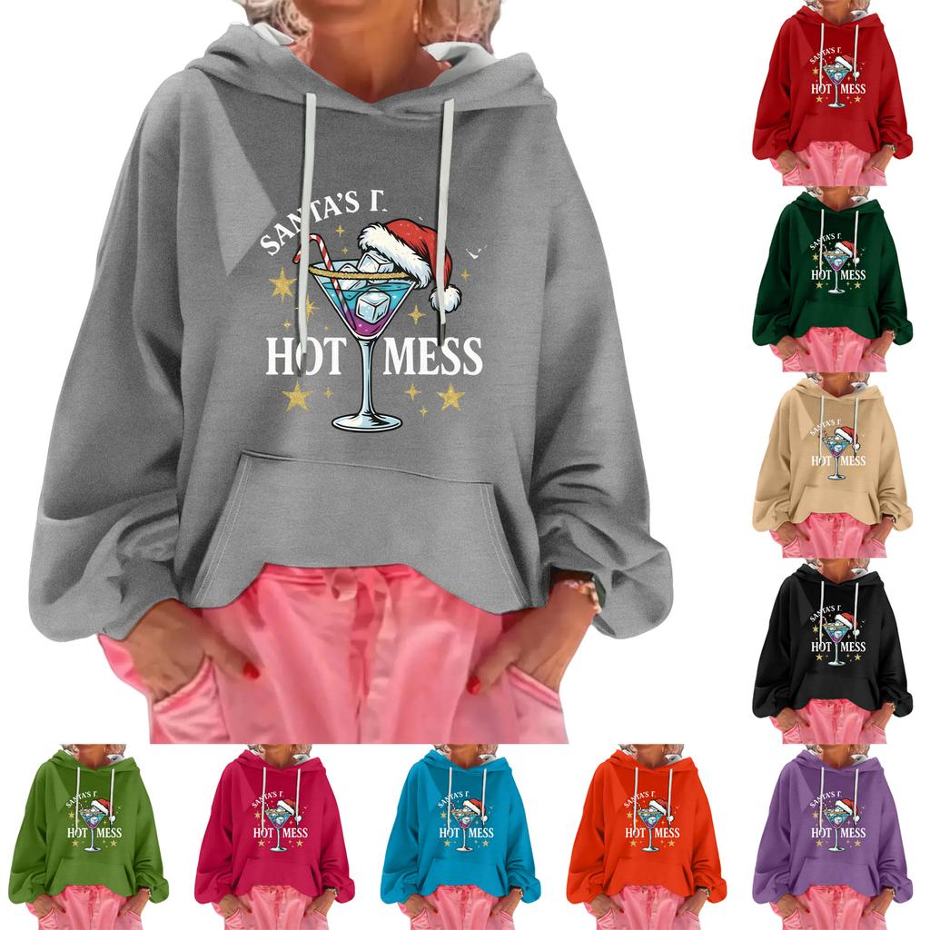 Women's Christmas Print Loose Casual Long Sleeve Hooded Sweatshirt