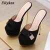 Fashion Design Crystal Metal Decoratio Platform Slippers Women Summer Sexy Thin High Heels Nightclub Stripper Shoes