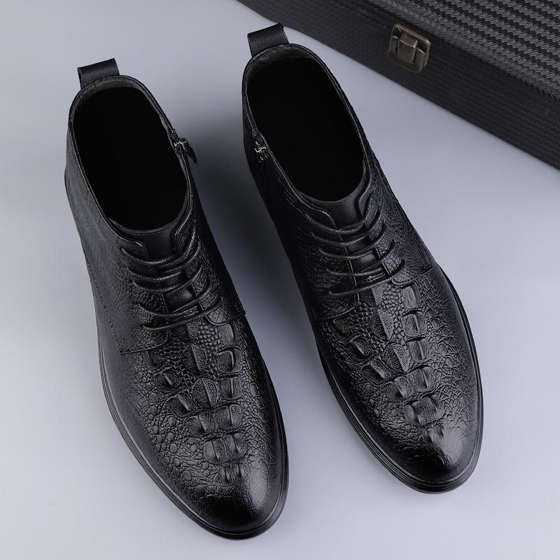 FashionGenuine Leather Men Motorcycle Boots High Top Casual Ankle Boots Warm Plush Fur Winter Footwear Crocodile Pattern Business Shoes