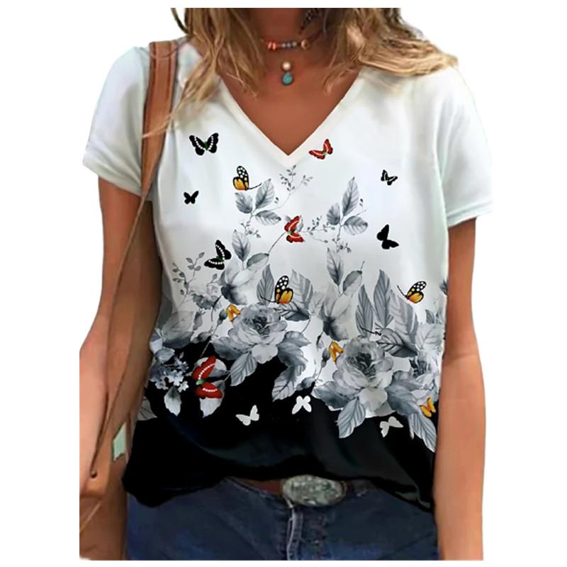Vintage 3D Flower Print Women T Shirt Short Sleeve Loose V-Neck Street Casual Oversized Tops Summer Large Size 6XL
