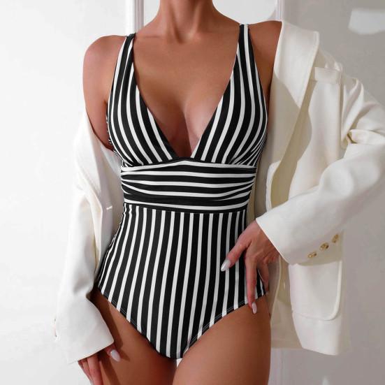 Женский монокини с глубоким V-образным вырезом без рукавов, облегающий слитный купальник-бикини с полосатым принтом и высокой талией, утягивающий живот