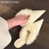 Fur Pointed Toe Slippers Elegant High Heels Mules Shoes Woman 2025 Trend Winter Short Plush Fashion Pumps Zapatillas De Mujer