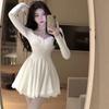 Long Sleeve Lace Solid Mini Dresses Women Lolita Kawaii Dress Party Club Casual Spring Slim Elegant Korean Dress