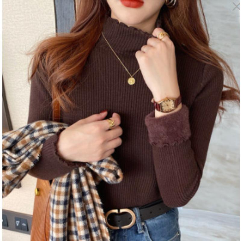 Fleece and Thickened Integrated Fleece Knitted Bottoming Shirt Women's Fungus Edge Semi-turtleneck Sweater Autumn and Winter Long-sleeved Inner Top
