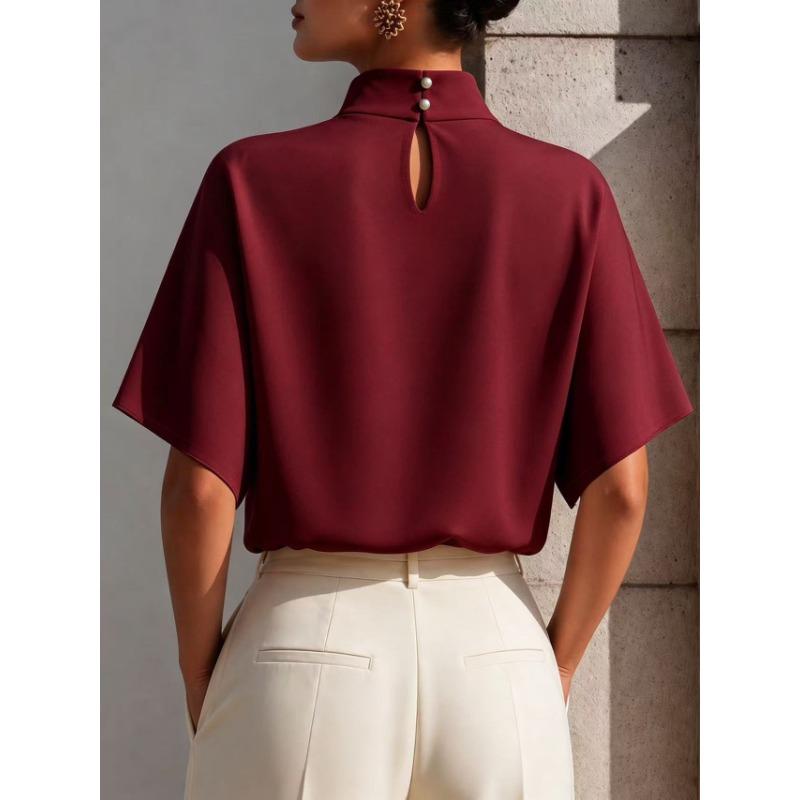 Women S Loose Fit Short Sleeve Stand Collar Solid Color Pullover Shirt