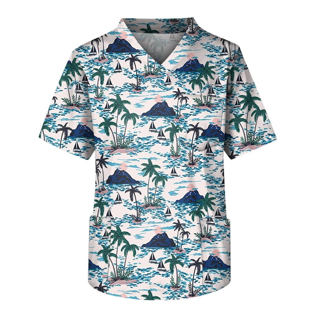Men's Short Sleeve V-Neck Summer Print Chest Pocket Care Worker Top