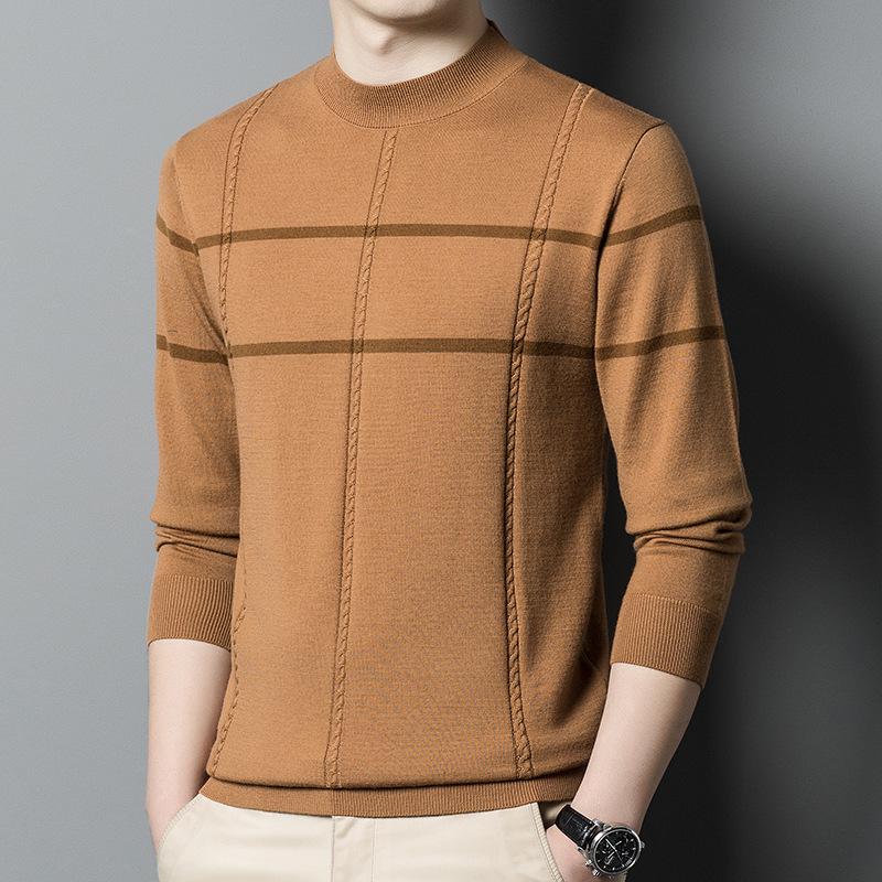 Новый шерстяной свитер, мужской свитер из чистой шерсти с длинными рукавами и полувысоким воротником, полосатый нижний свитер, джемпер, камвольный пуловер Tide
