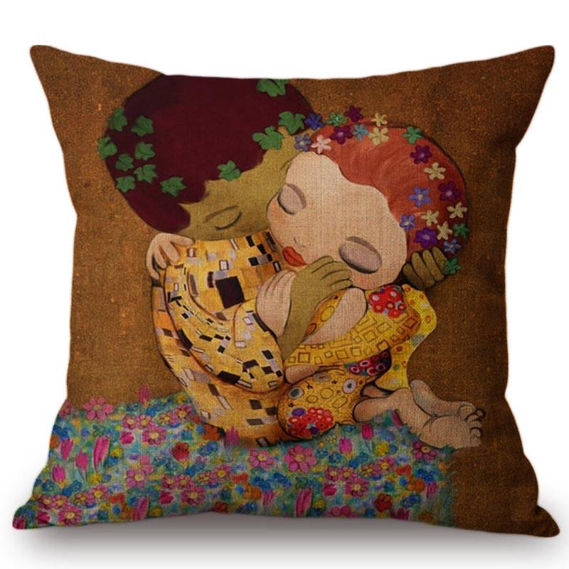 Cute Cartoon Decorative Gustav Klimt Oil Painting Throw Pillow Cover Vintage Home Decor Office Car Sofa Love Chair Cushion Cover