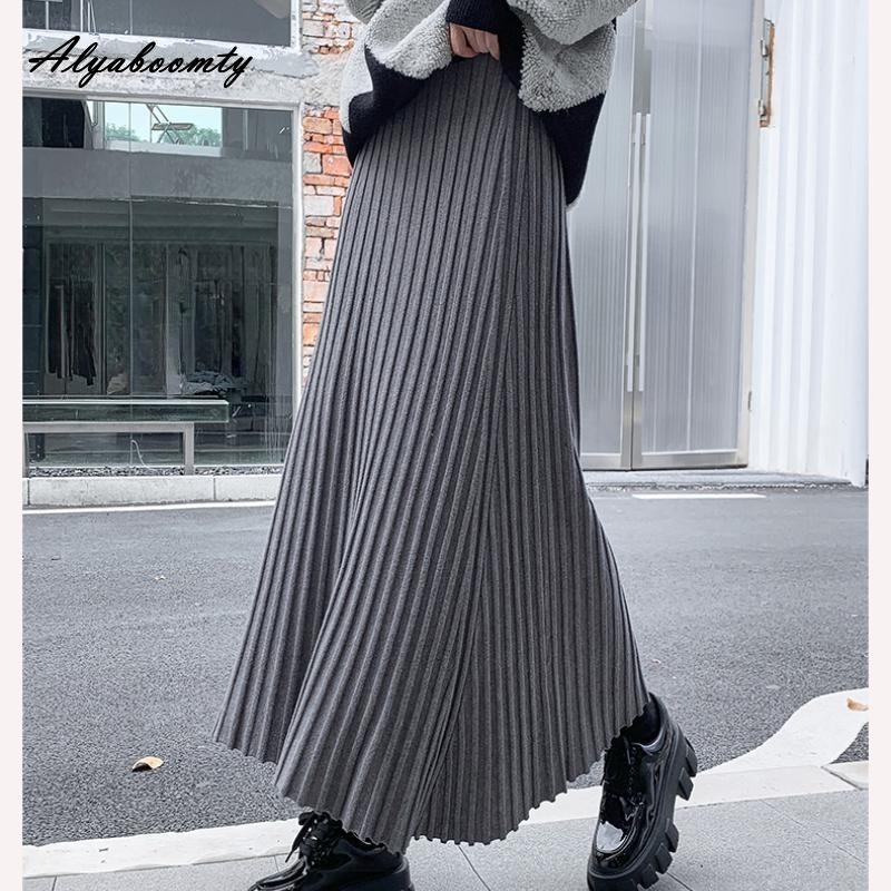 Korean Fashion Autumn Winter Women Long Skirt High Waist Black Beige Gray Brown Knitting Skirt Thick Warm Knitted All-Match Skirt