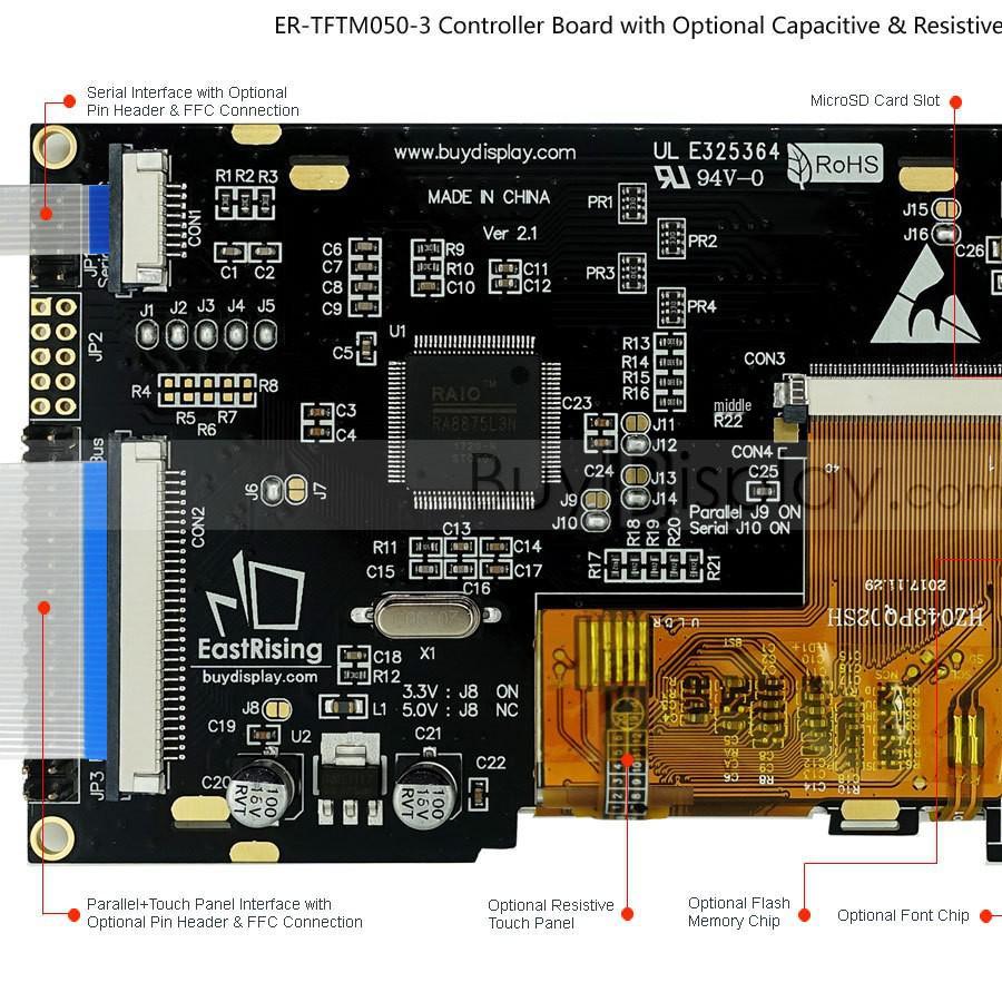 5" TFT LCD Color Display with RA8875 Controller, Serial Port, & Optional Touchscreen