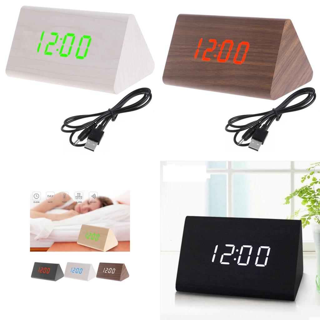 Sleek Wooden Voice Control Led Display Alarm Digital Triangular Desk Clock Thermometer
