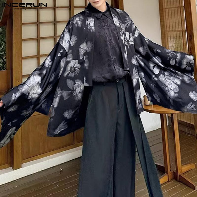 INCERUN Мужской кардиган с крыльями летучей мыши, длинный рукав, цветочный принт, свободное кимоно, открытый передний топ