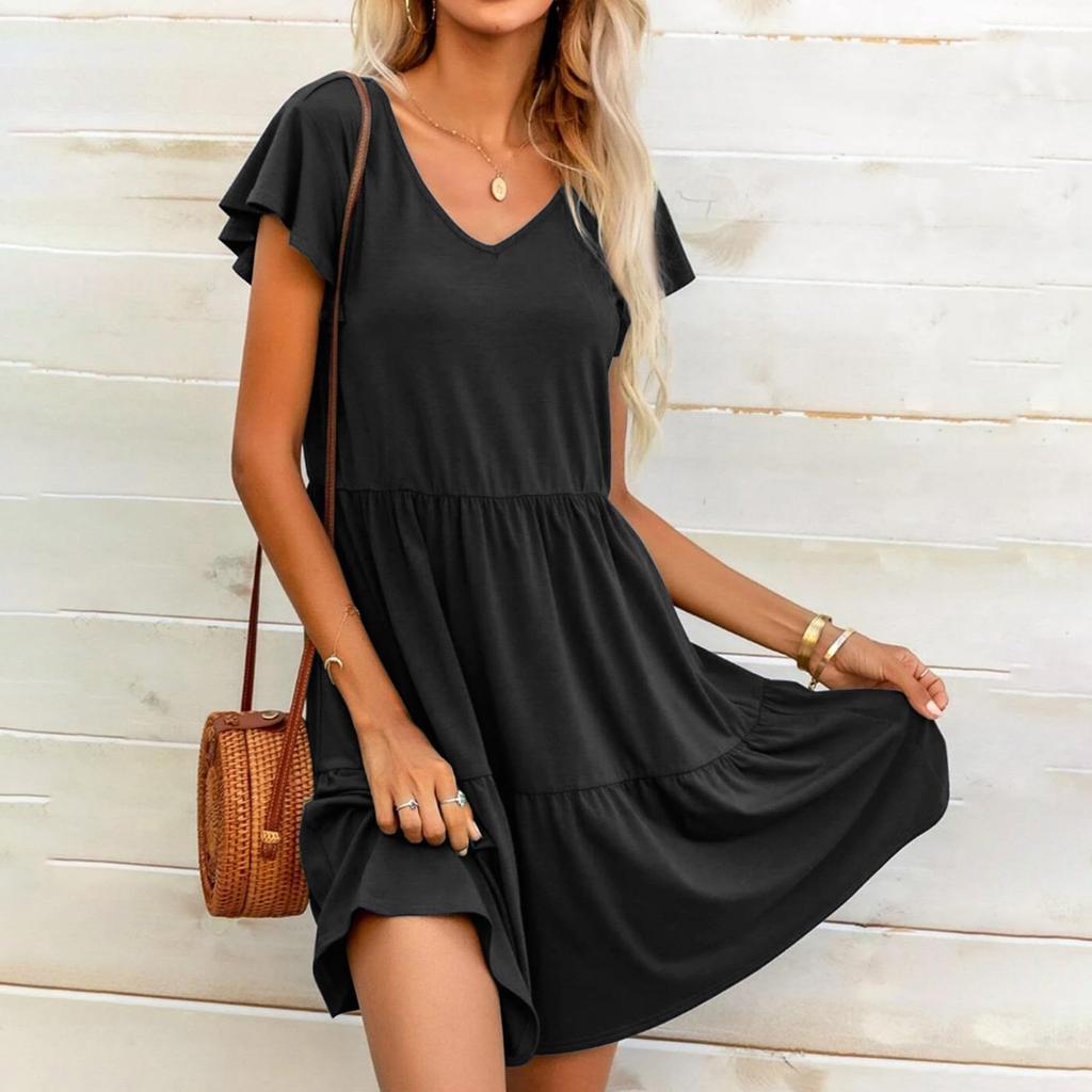 Женские повседневные многослойные платья Платье с V-образным вырезом и рюшами Платье с короткими рукавами и длинным подолом Платье трапециевидной формы