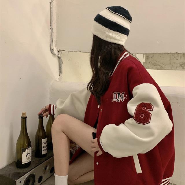 Danmo Letter Printed Baseball Jacket Womens Fall Jackets Bomber Jacket Women Coats Fleece