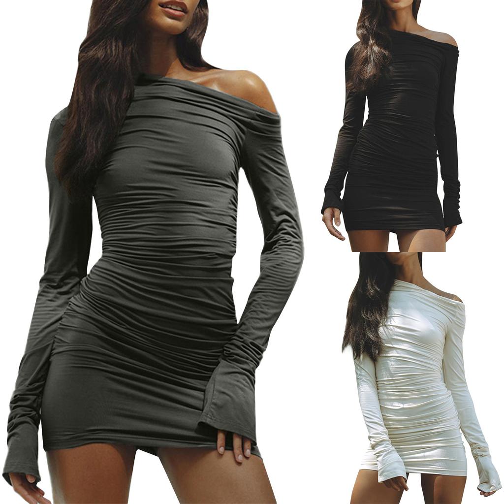 Модное женское повседневное сплошное цветное сексуальное плиссированное платье с длинными рукавами и круглым вырезом