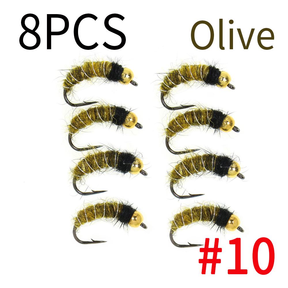 6/8 шт. 2 размеров Нимфа личинки ручейника с головкой из бусинки Реалистичный жук-бокоплав Червь для ловли форели и хариуса (Крючок с бородкой, Быстро тонущий)
