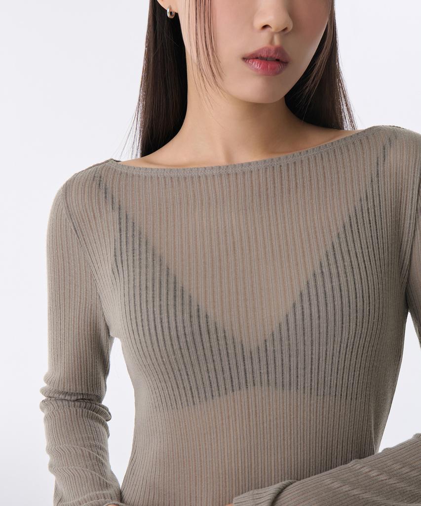 MUSINSA STANDARD WOMAN Women'S Vertical Sheer Boat Neck Long Sleeve T-Shirt [Taupe]
