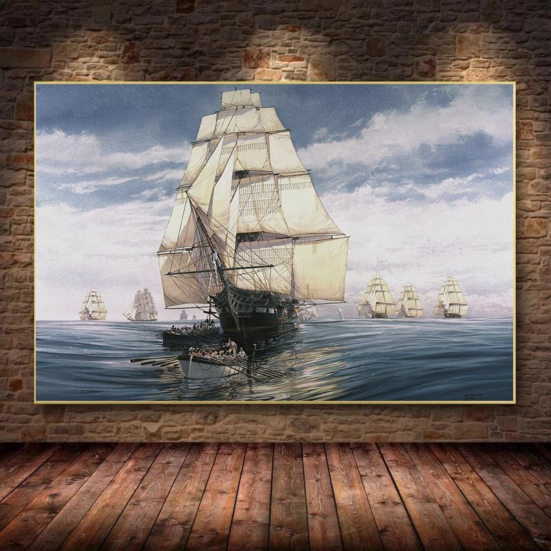 Винтажный Парусный Корабль Морской Пейзаж Холст Картина Плакат Корабль Фрески Печатает Волну Настенные Художественные Фотографии для Гостиной Домашний Декор