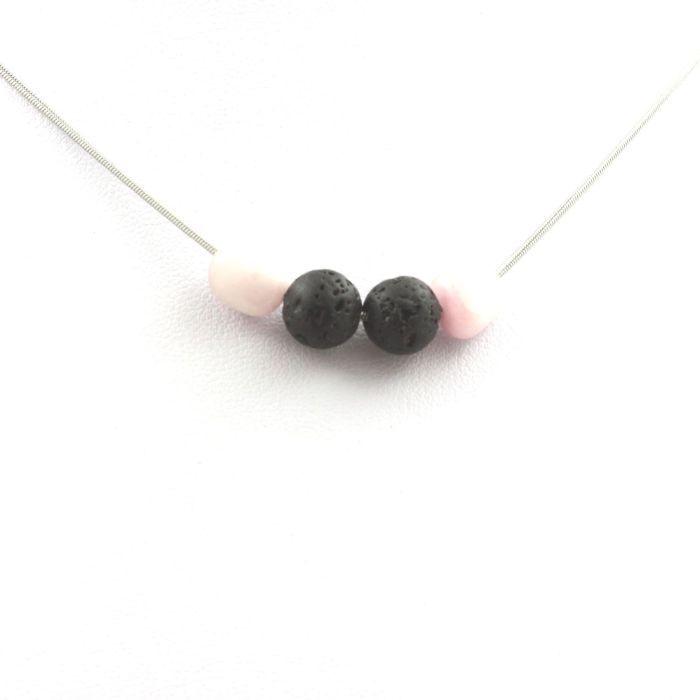 Stones and Minerals. Kunzite Necklace from Brazil + 8 Mm Lava Beads Stainless Steel Chain.